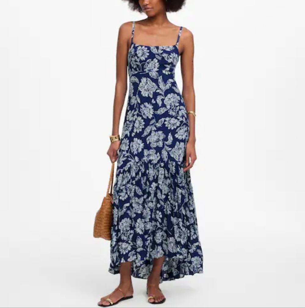 NWT Madewell Navy Blue Floral Print Textured Crinkled Slip Maxi Dress Size 2